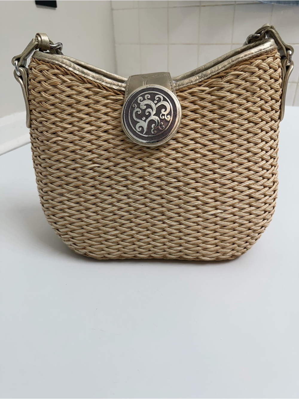 Brighton‎ Woven Straw Shoulder Bag Metallic Champagne Chain Strap Boho Coastal